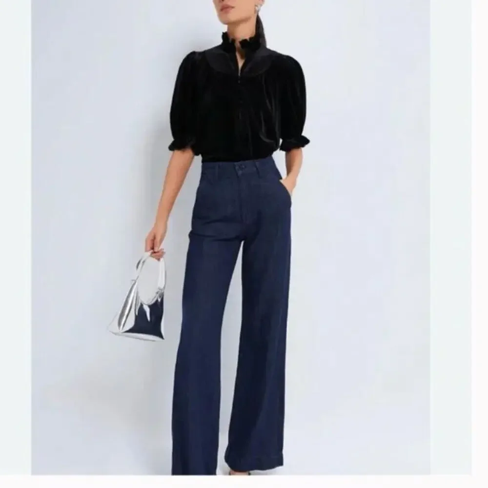 New Pomander Place Tuckernuck Selena Velvet Ruffle Top Black Sz S